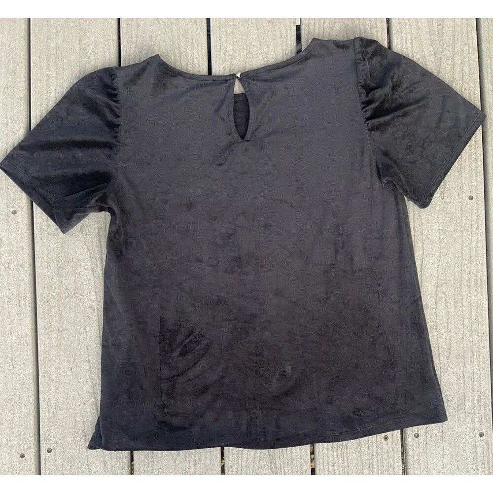 LOFT Petites Black Velvet Puff Sleeve Top L Soft Stretch Short Sleeve Romantic